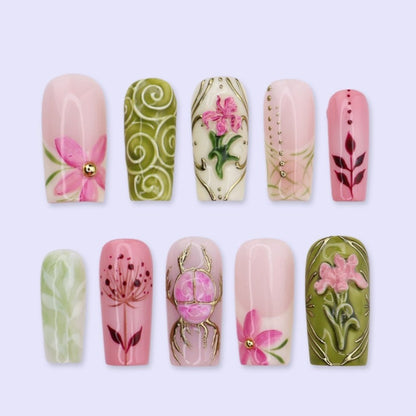 Life in the Garden Floral Bow Bee White Pink Press On Nails