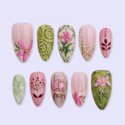 Life in the Garden Floral Bow Bee White Pink Press On Nails