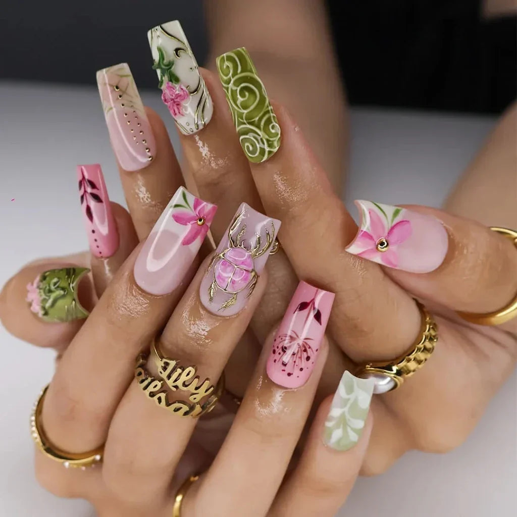 Life in the Garden Floral Bow Bee White Pink Press On Nails