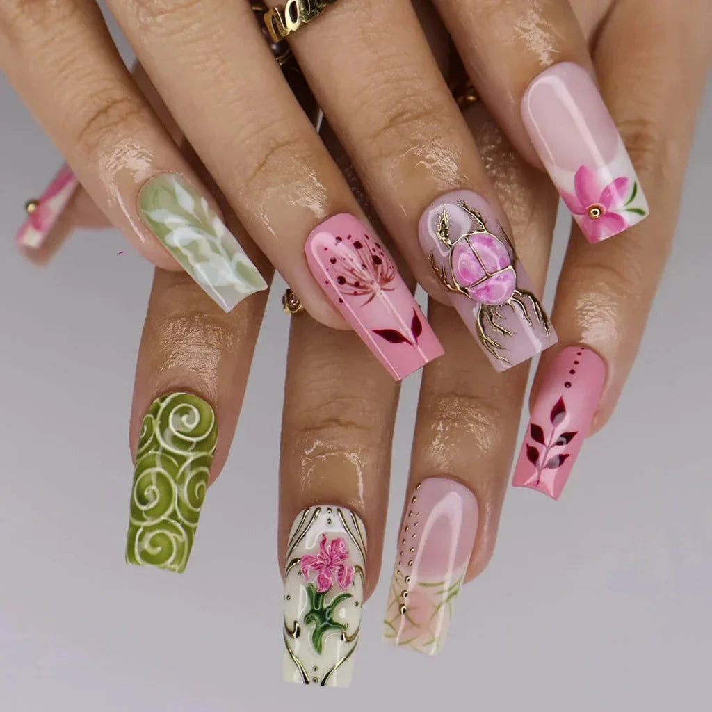 Life in the Garden Floral Bow Bee White Pink Press On Nails