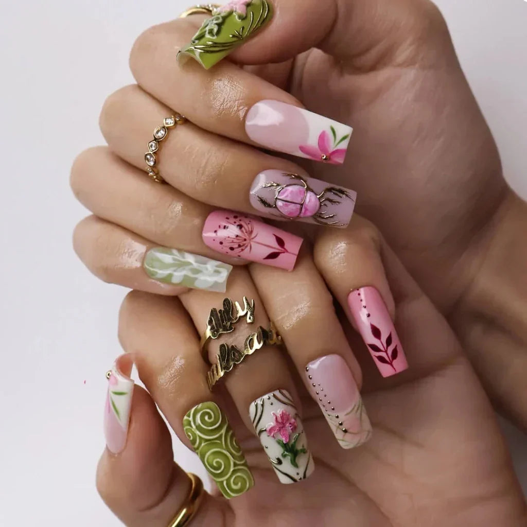 Life in the Garden Floral Bow Bee White Pink Press On Nails