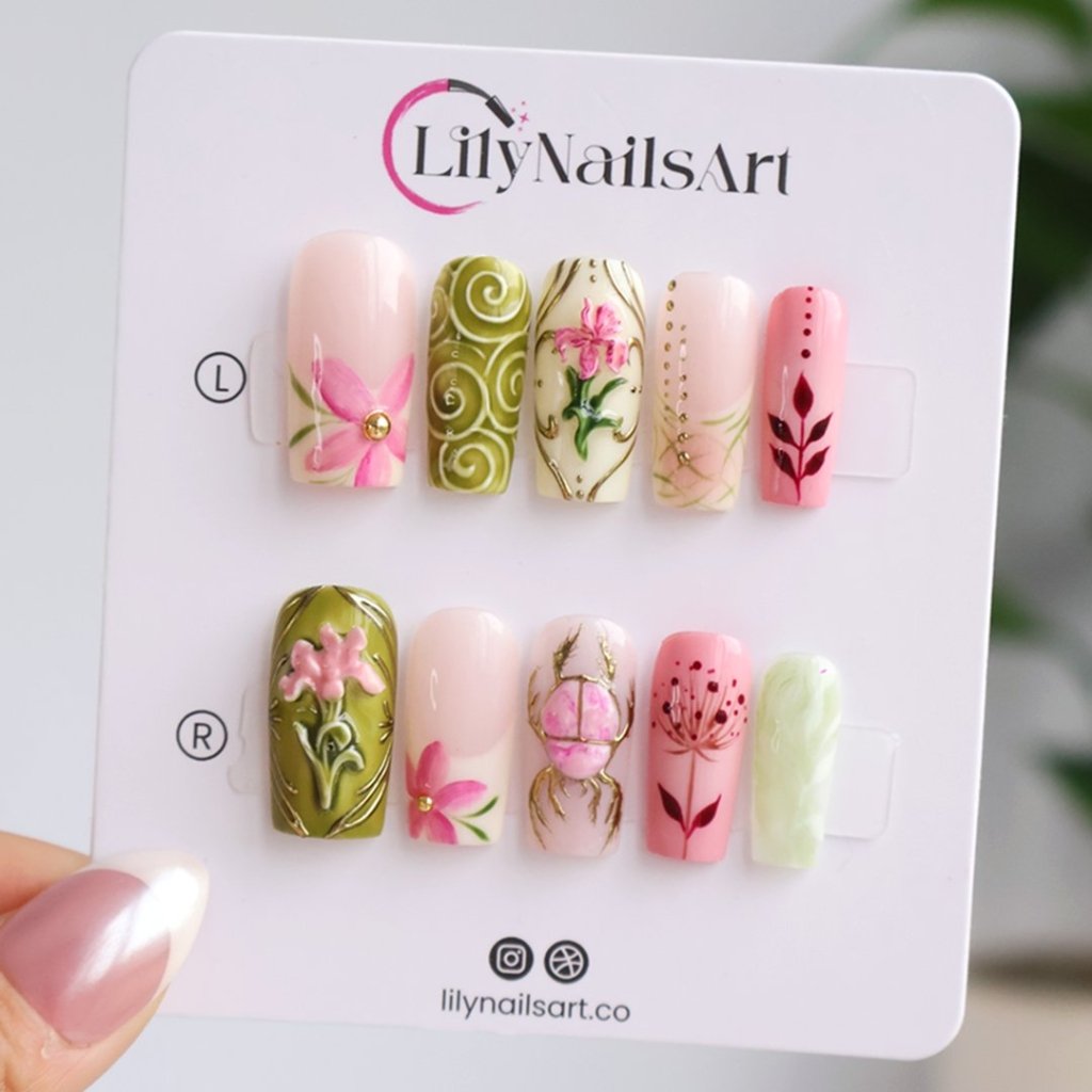 Life in the Garden Floral Bow Bee White Pink Press On Nails