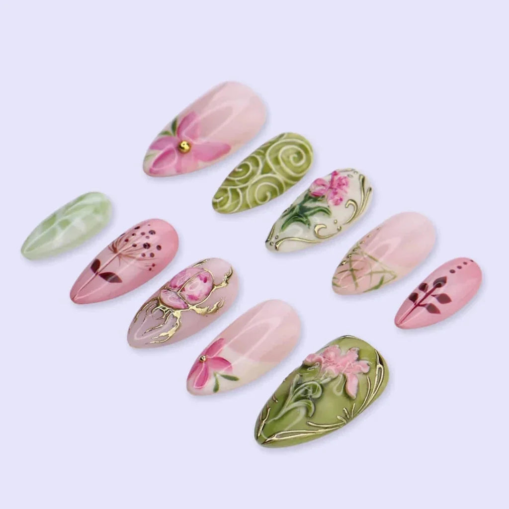 Life in the Garden Floral Bow Bee White Pink Press On Nails