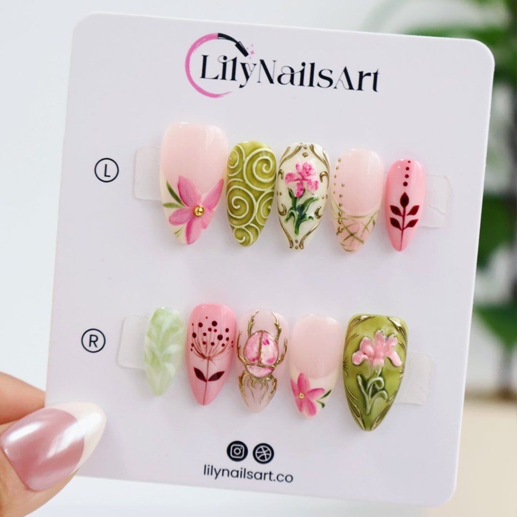 Life in the Garden Floral Bow Bee White Pink Press On Nails
