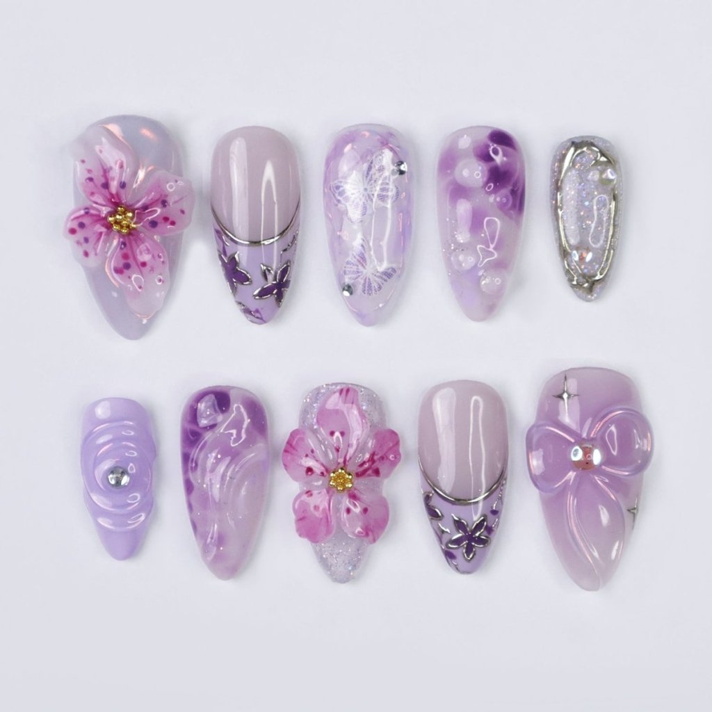 Liliora 3D Floral Butterfly Purple Silver Press On Nails