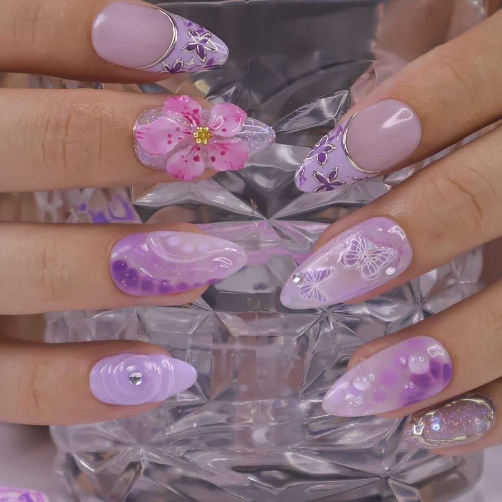 Liliora 3D Floral Butterfly Purple Silver Press On Nails