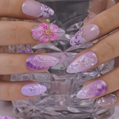 Liliora 3D Floral Butterfly Purple Silver Press On Nails