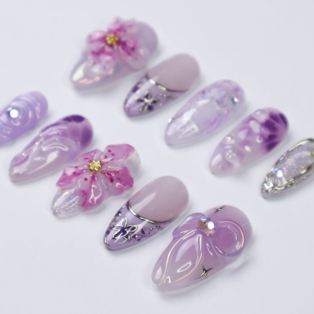 Liliora 3D Floral Butterfly Purple Silver Press On Nails