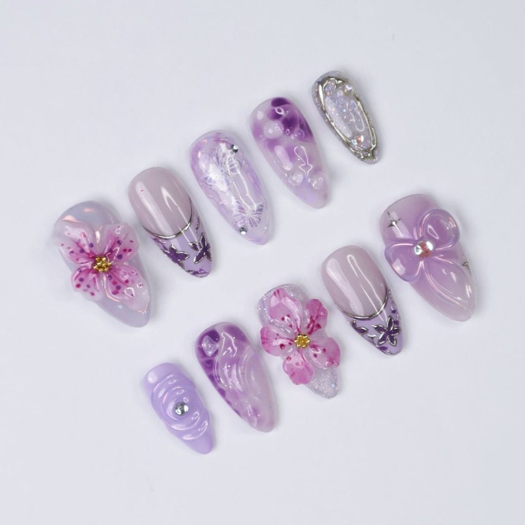 Liliora 3D Floral Butterfly Purple Silver Press On Nails