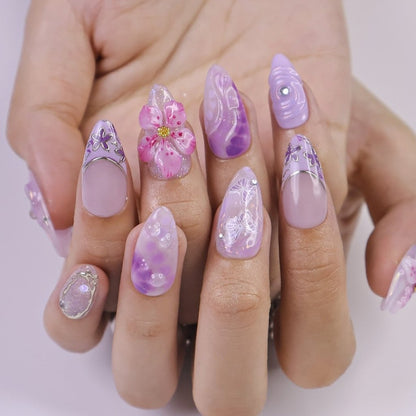 Liliora 3D Floral Butterfly Purple Silver Press On Nails