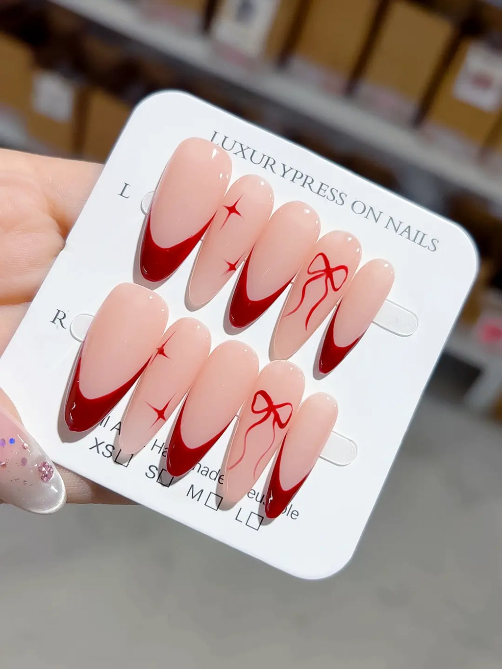 Long Nude Red Almond French tip Bow