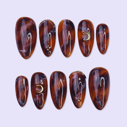 Lunar Relic Tortoiseshell Celestial Fall Brown Gold Press On Nails
