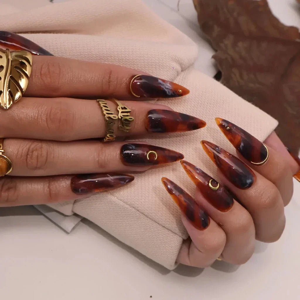 Lunar Relic Tortoiseshell Celestial Fall Brown Gold Press On Nails
