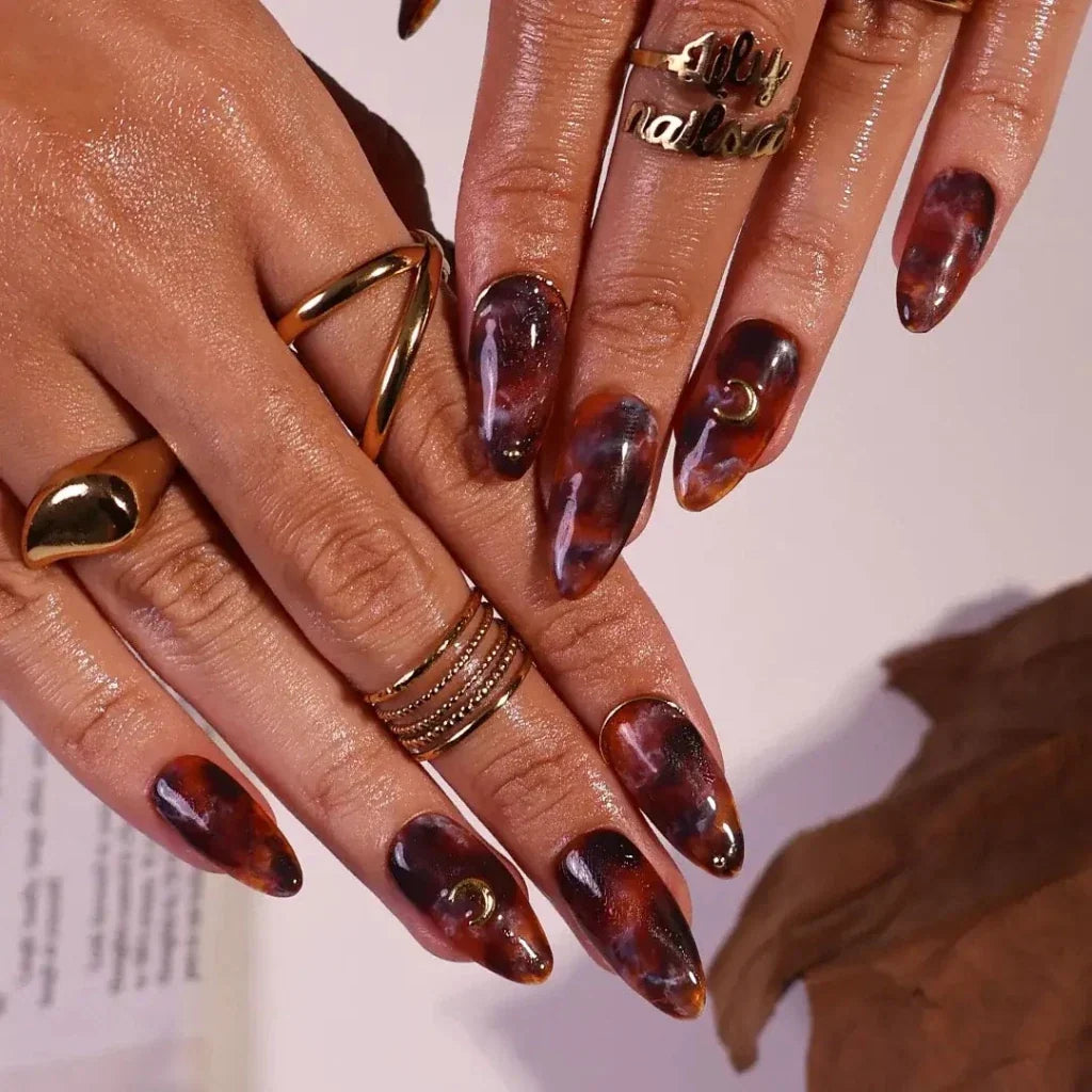 Lunar Relic Tortoiseshell Celestial Fall Brown Gold Press On Nails