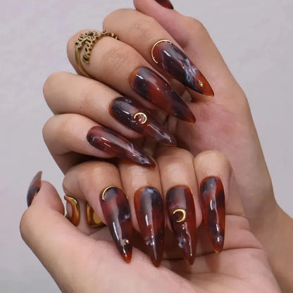Lunar Relic Tortoiseshell Celestial Fall Brown Gold Press On Nails