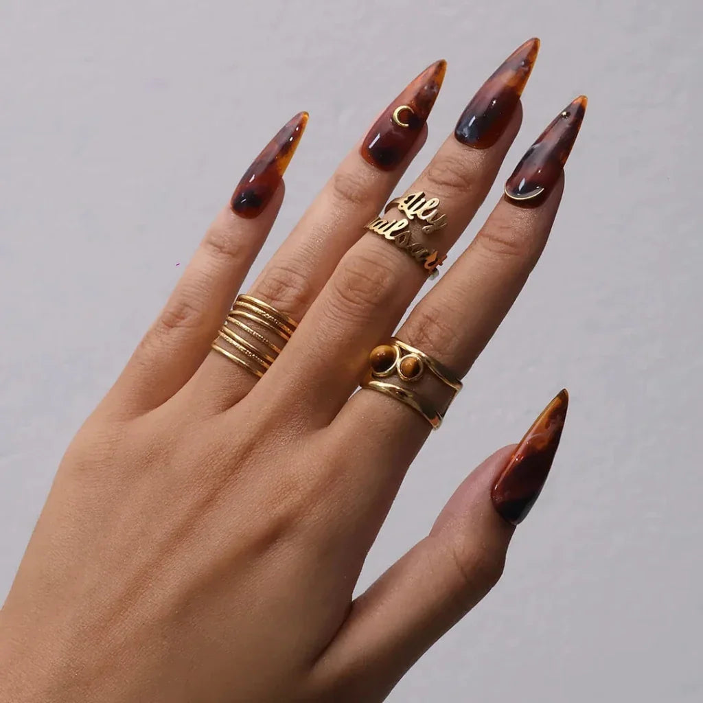Lunar Relic Tortoiseshell Celestial Fall Brown Gold Press On Nails
