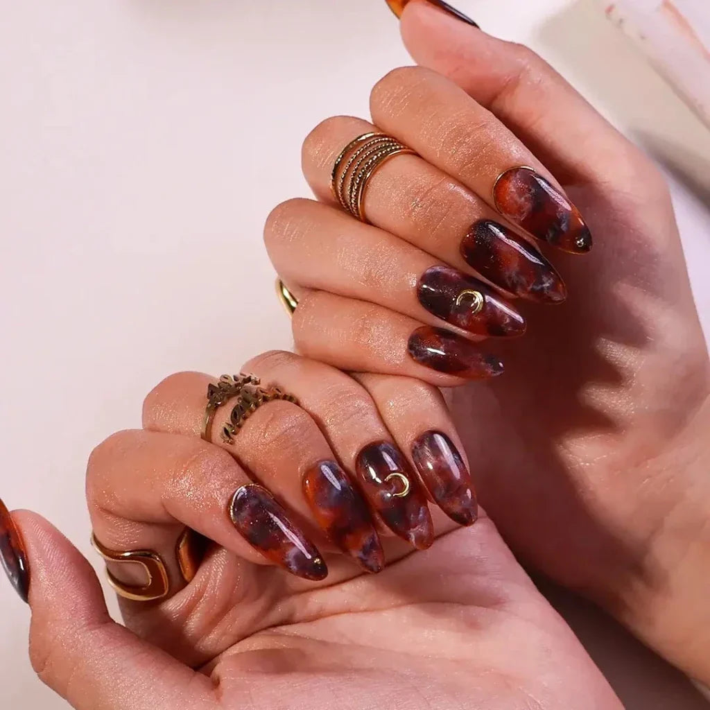 Lunar Relic Tortoiseshell Celestial Fall Brown Gold Press On Nails