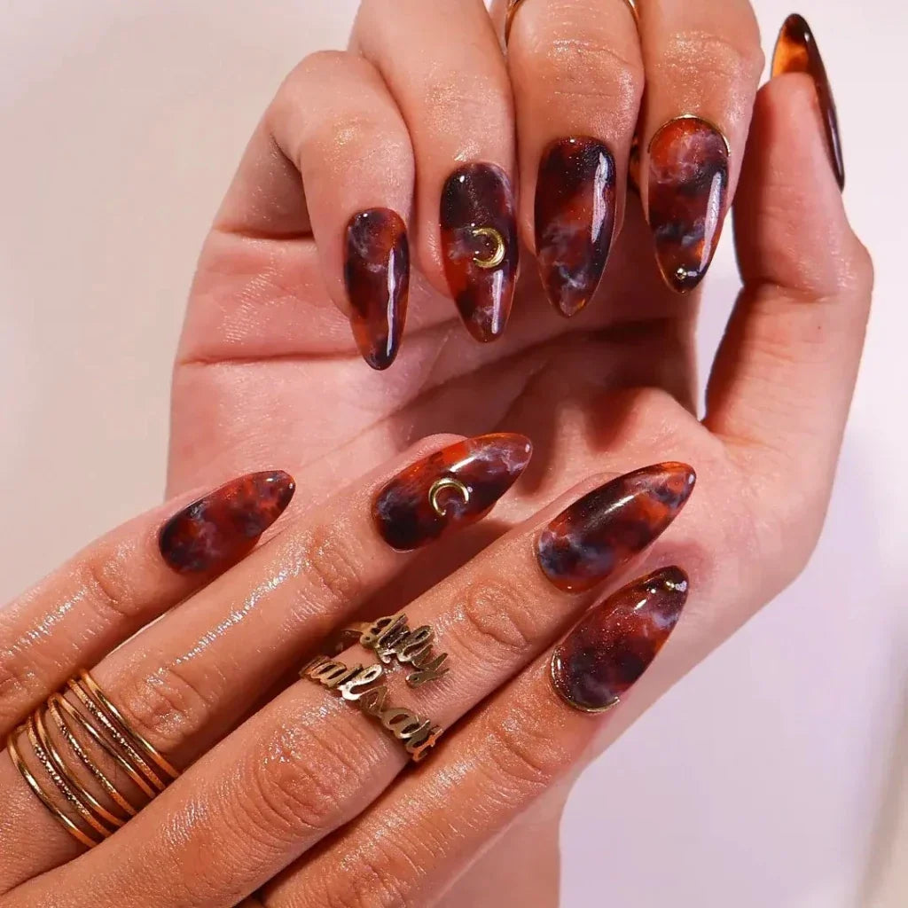 Lunar Relic Tortoiseshell Celestial Fall Brown Gold Press On Nails