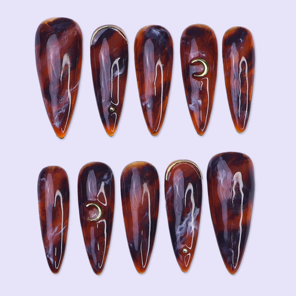 Lunar Relic Tortoiseshell Celestial Fall Brown Gold Press On Nails