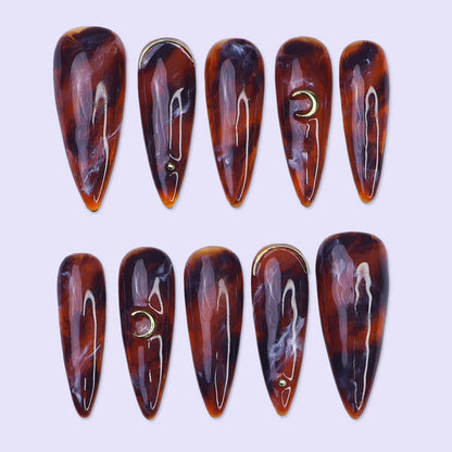 Lunar Relic Tortoiseshell Celestial Fall Brown Gold Press On Nails