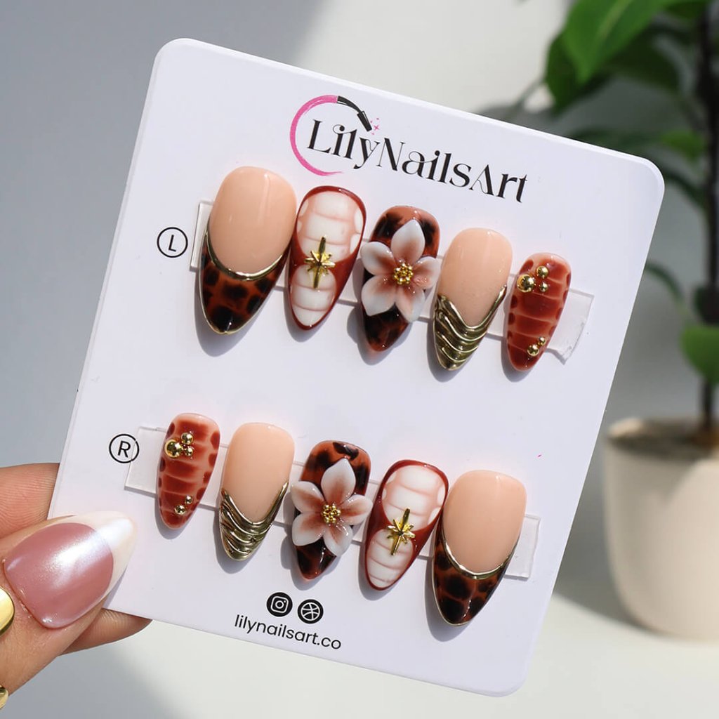 Maple Whisper Tortoiseshell 3D Floral White Brown Press On Nails