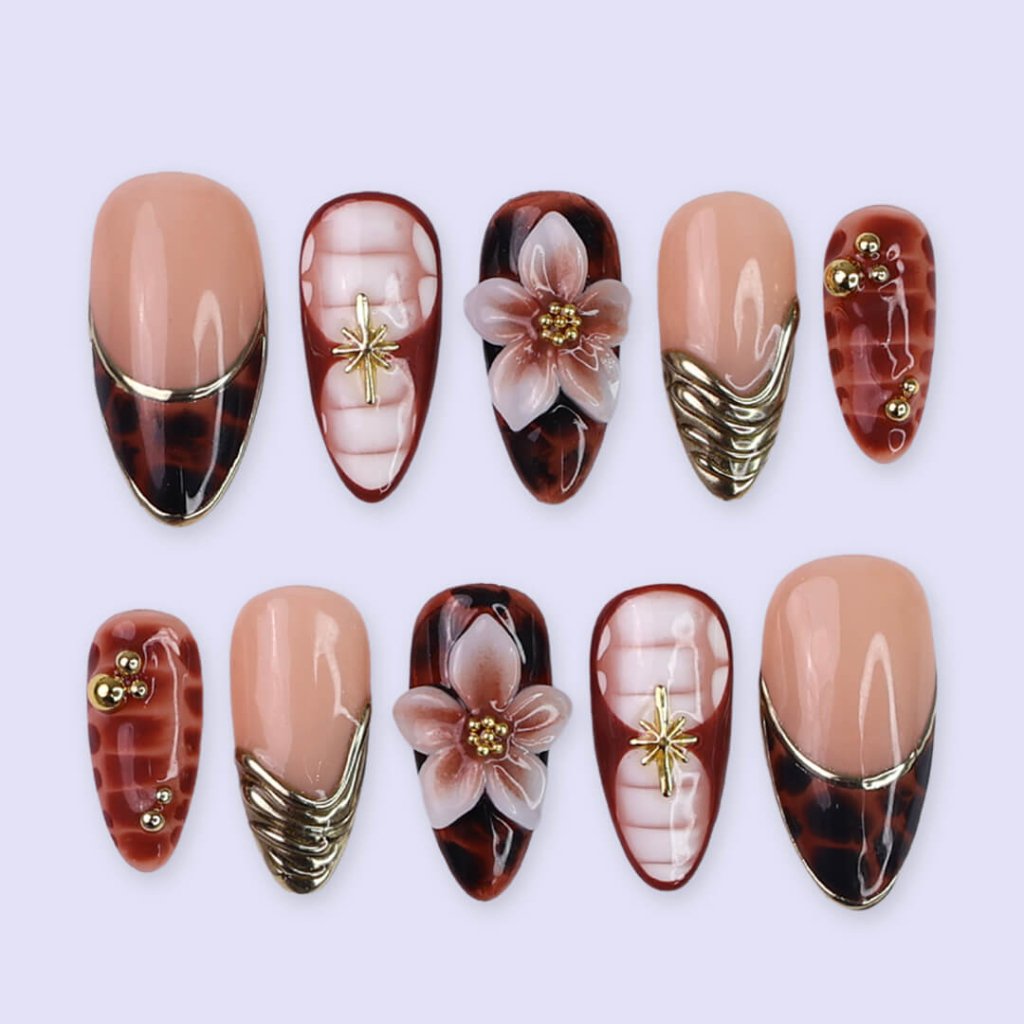 Maple Whisper Tortoiseshell 3D Floral White Brown Press On Nails