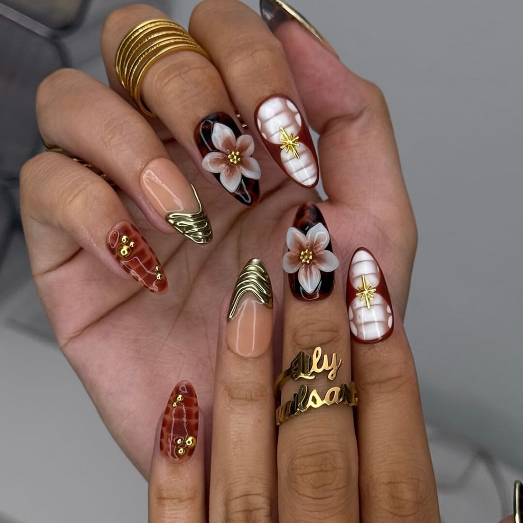 Maple Whisper Tortoiseshell 3D Floral White Brown Press On Nails