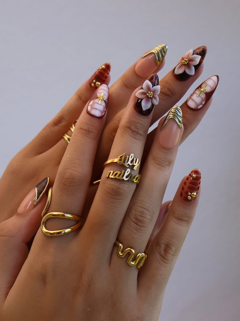 Maple Whisper Tortoiseshell 3D Floral White Brown Press On Nails