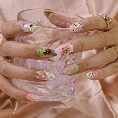 Meadowly Floral Cherry Bee Purple Press On Nails