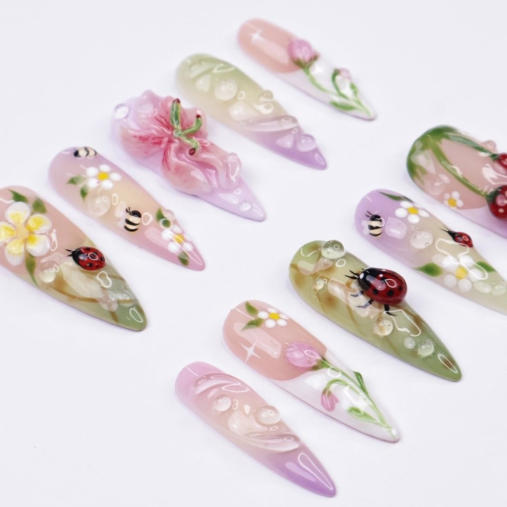 Meadowly Floral Cherry Bee Purple Press On Nails