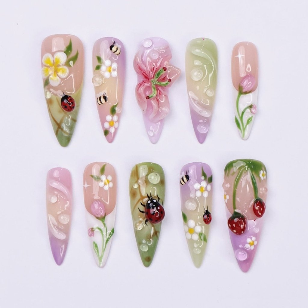 Meadowly Floral Cherry Bee Purple Press On Nails