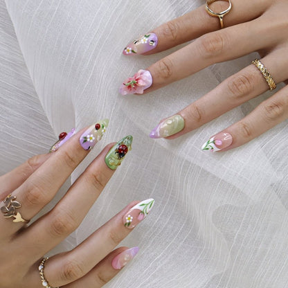 Meadowly Floral Cherry Bee Purple Press On Nails