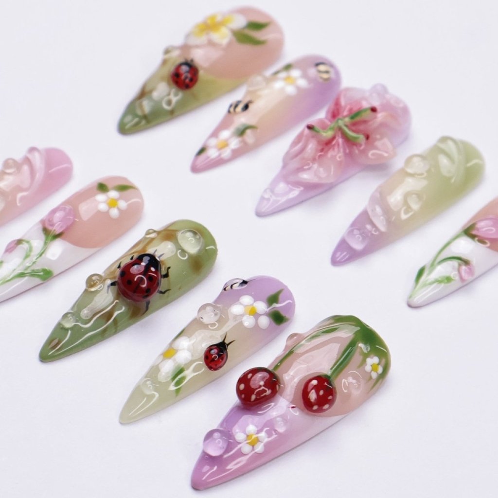 Meadowly Floral Cherry Bee Purple Press On Nails