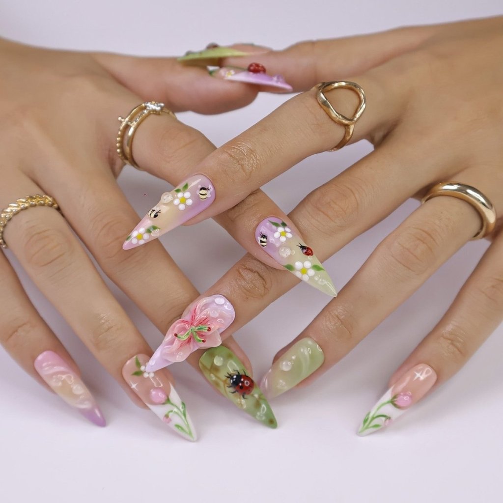 Meadowly Floral Cherry Bee Purple Press On Nails