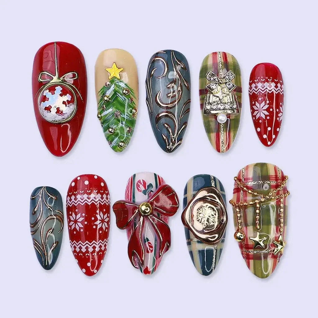 Merry Magic Metallic Bow Plaid Red Gold Press On Nails