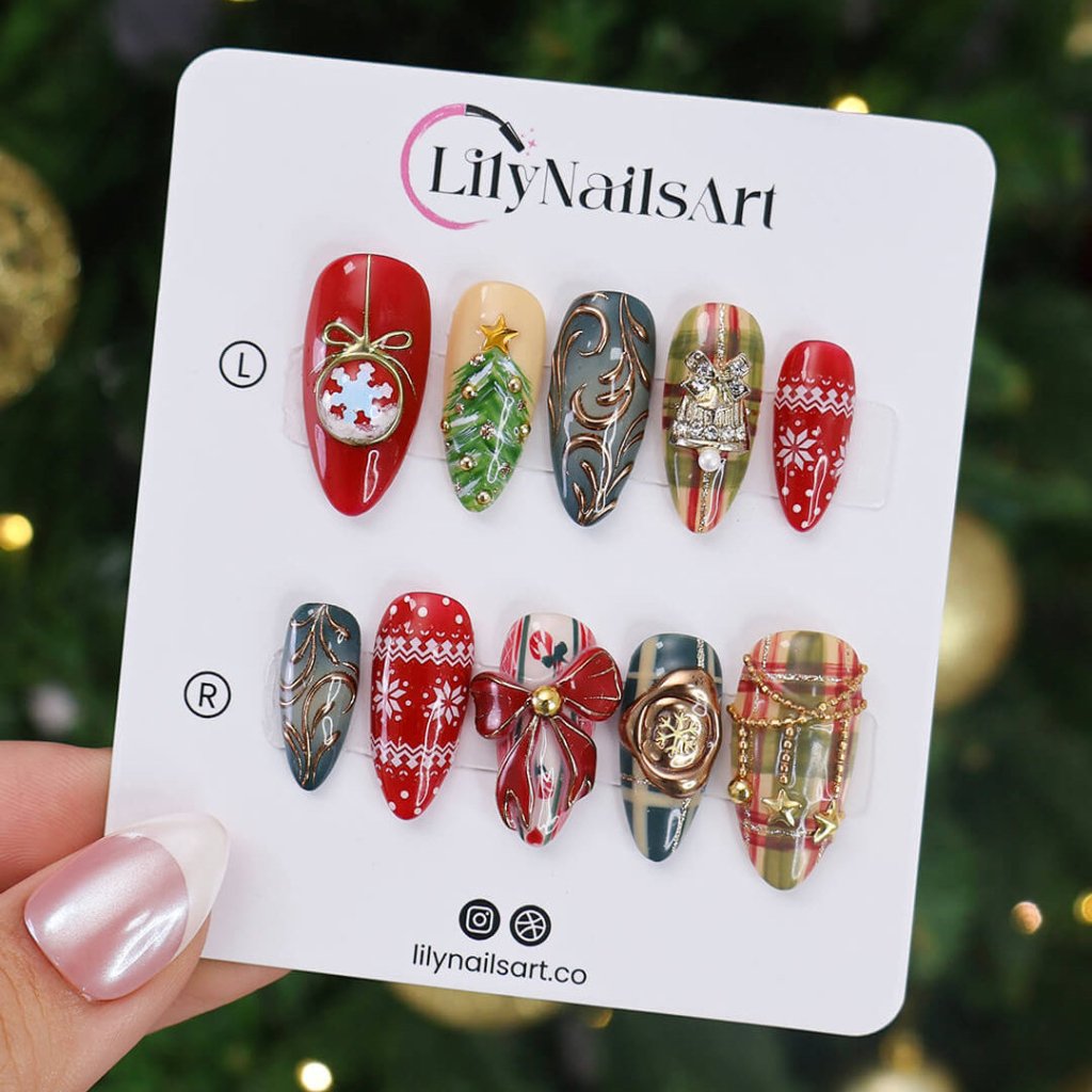 Merry Magic Metallic Bow Plaid Red Gold Press On Nails