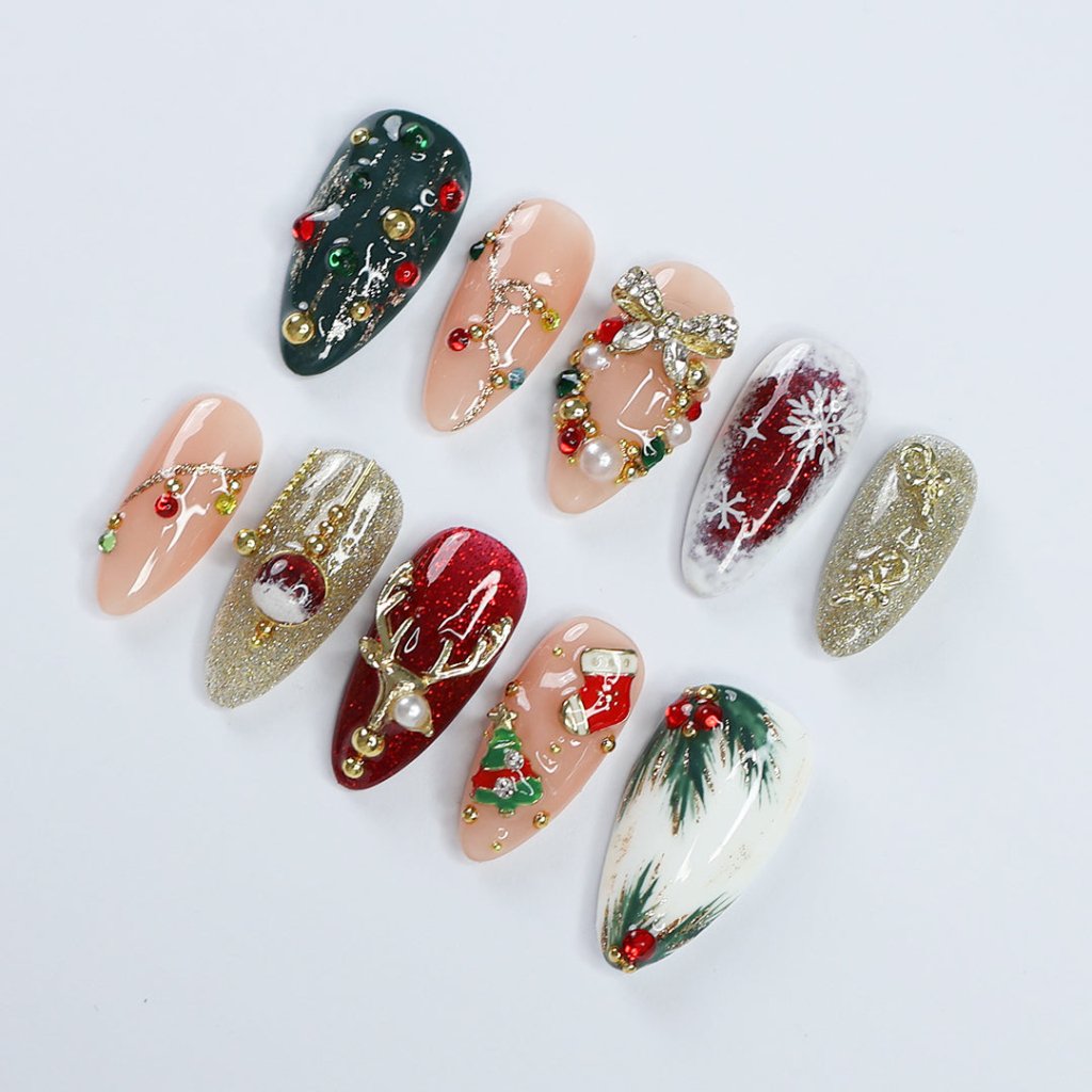 Merry Sparkle Christmas Red Green Press On Nails