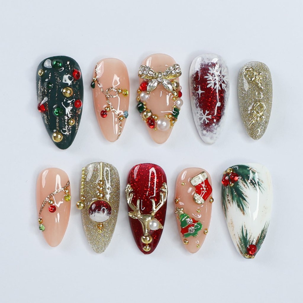 Merry Sparkle Christmas Red Green Press On Nails