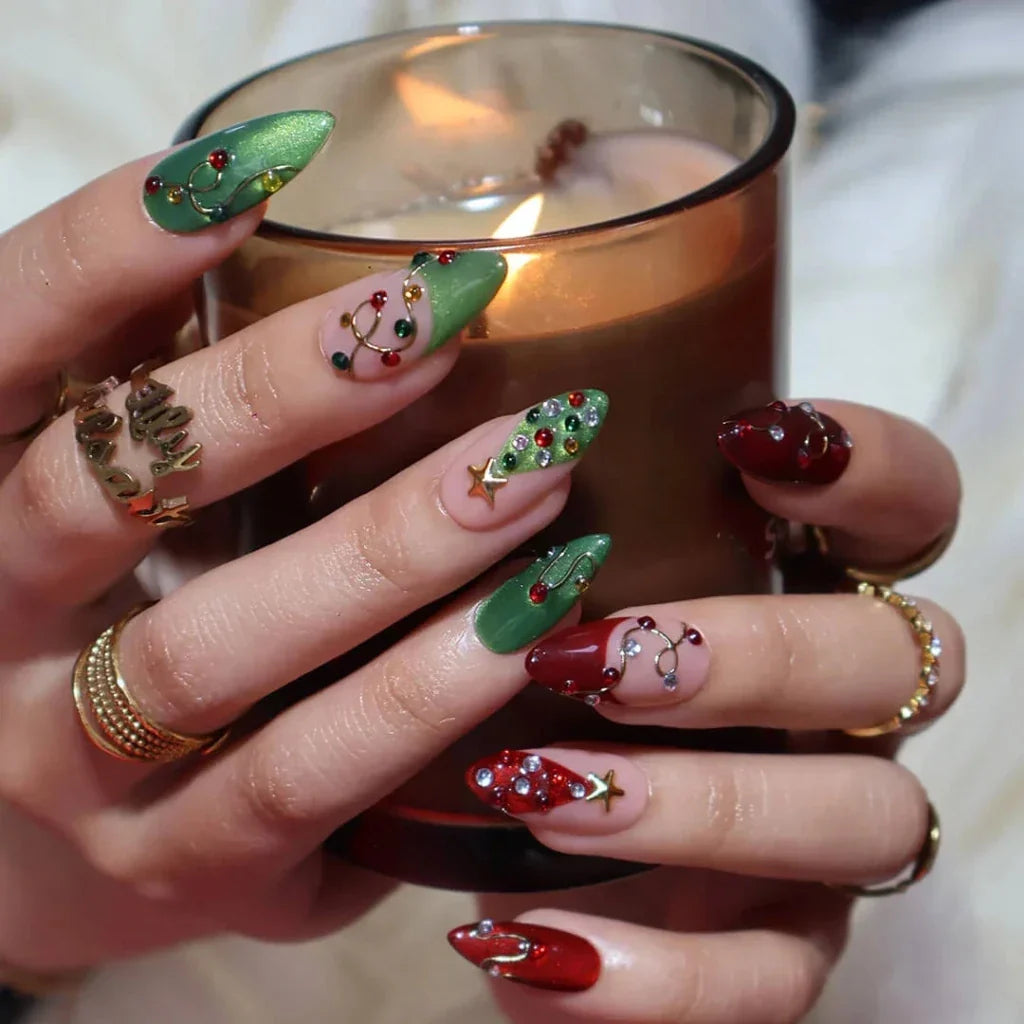 Merry Starlight Celestial Christmas Nude Red Press On Nails