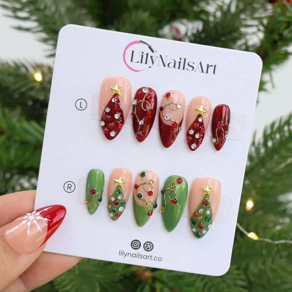 Merry Starlight Celestial Christmas Nude Red Press On Nails