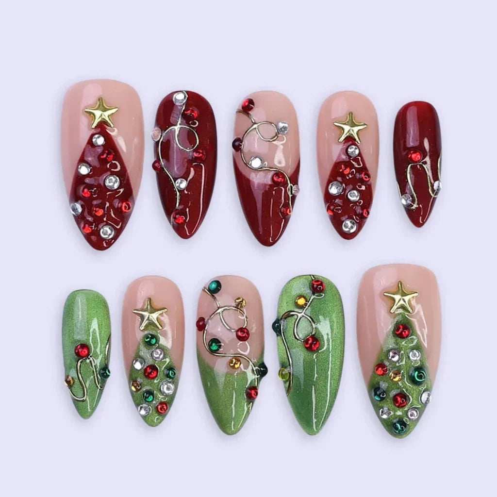 Merry Starlight Celestial Christmas Nude Red Press On Nails