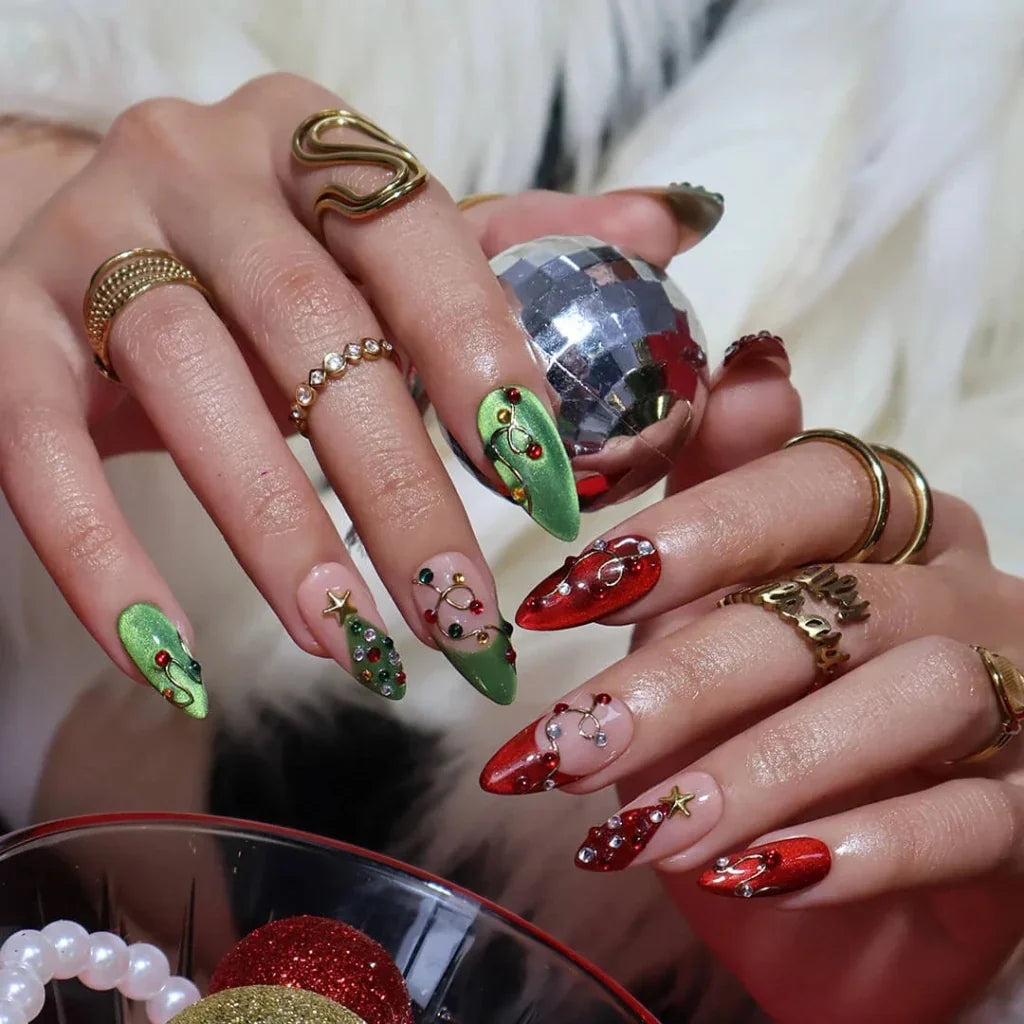 Merry Starlight Celestial Christmas Nude Red Press On Nails