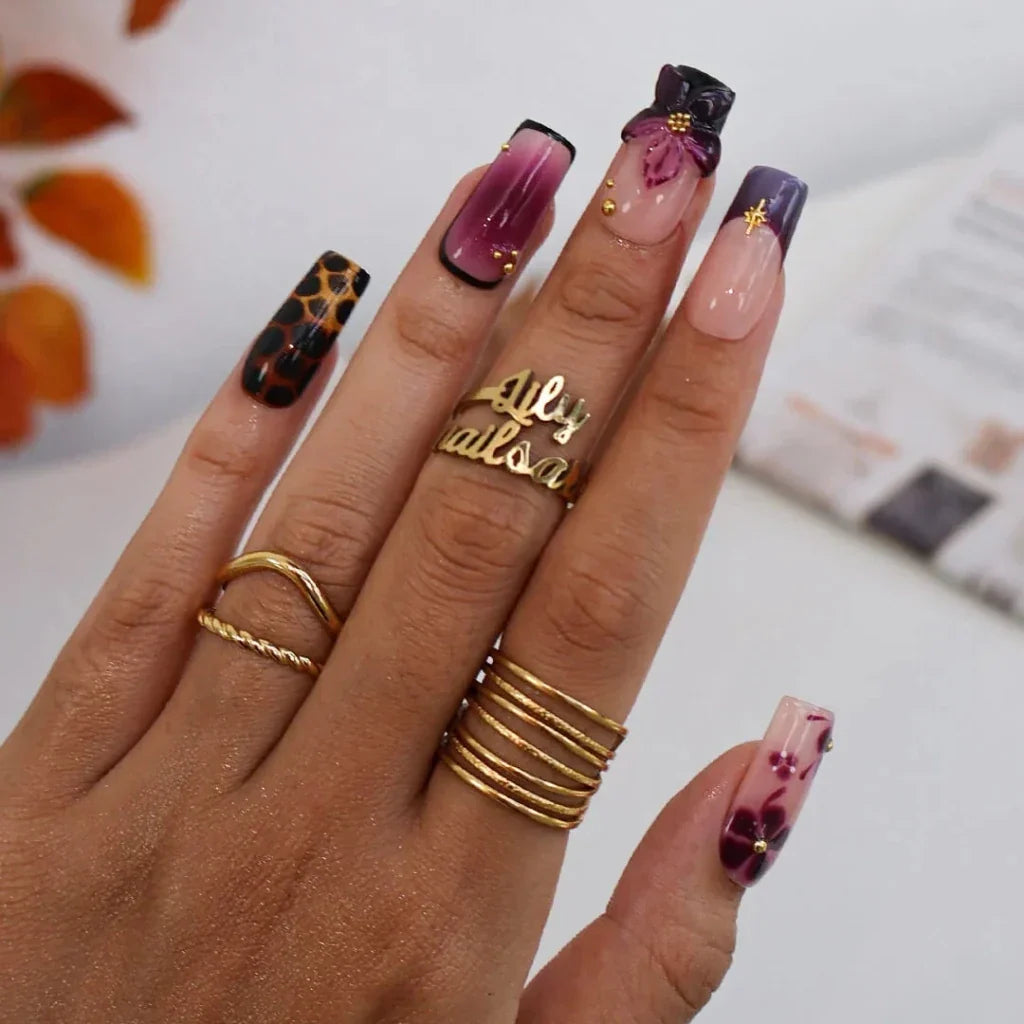 Midnight Orchid Tortoiseshell French Tip Floral Nude Press On Nails