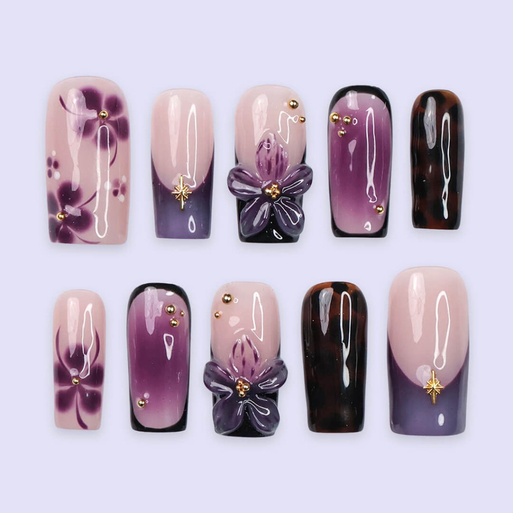 Midnight Orchid Tortoiseshell French Tip Floral Nude Press On Nails