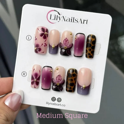 Midnight Orchid Tortoiseshell French Tip Floral Nude Press On Nails