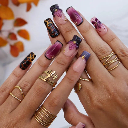 Midnight Orchid Tortoiseshell French Tip Floral Nude Press On Nails