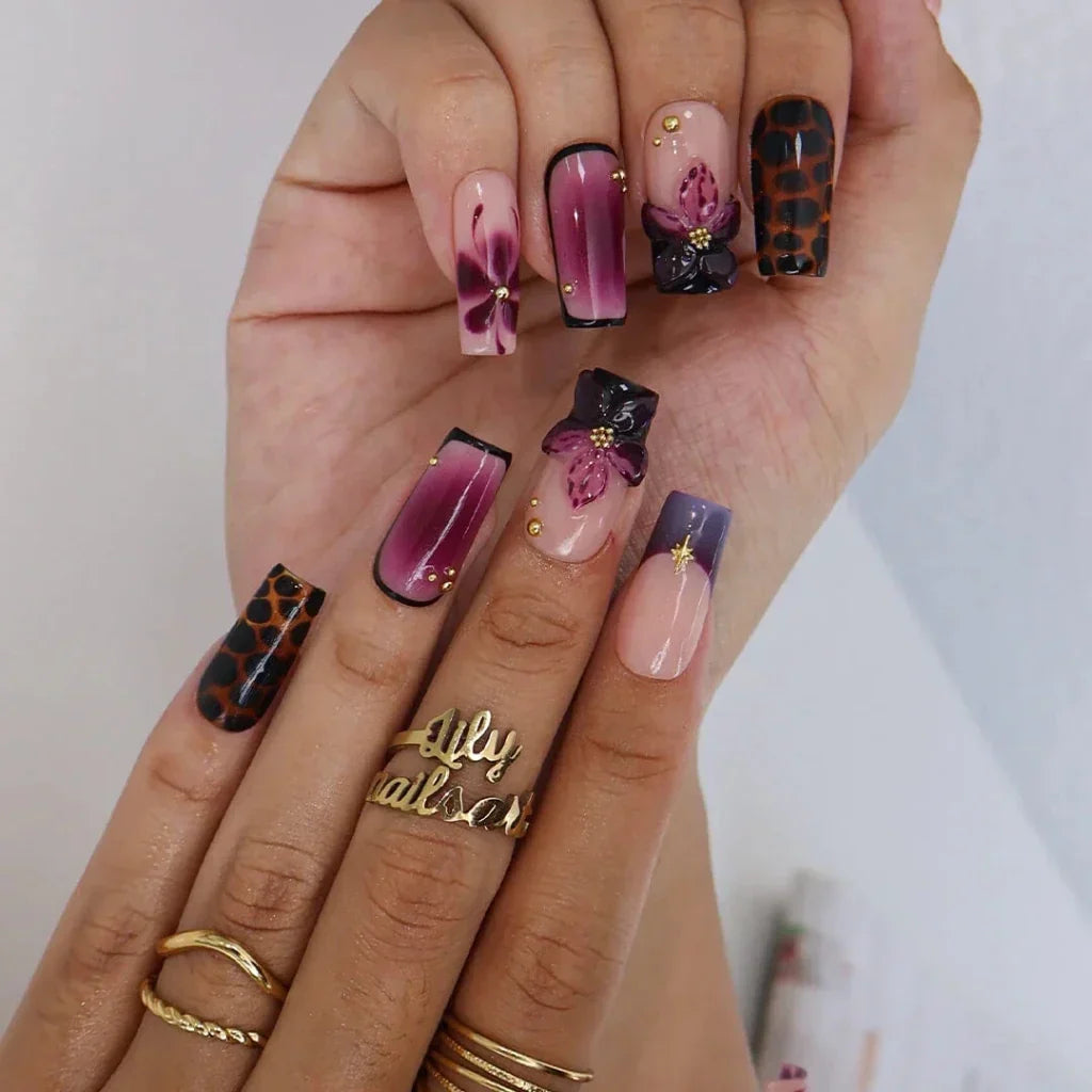 Midnight Orchid Tortoiseshell French Tip Floral Nude Press On Nails