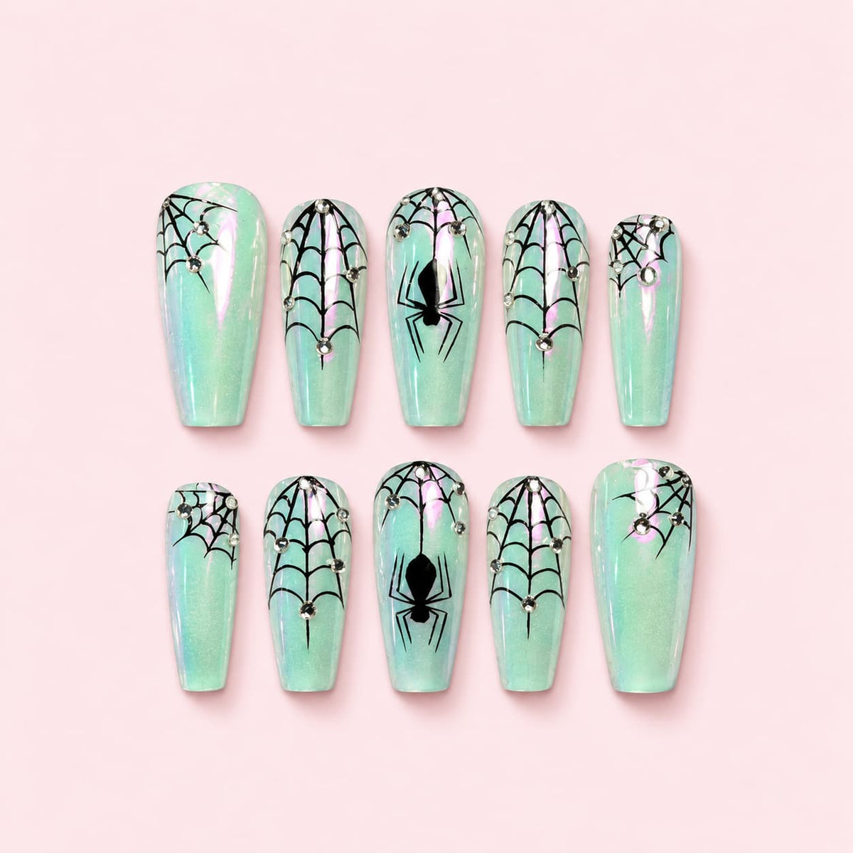 Mint Aura Spiderweb Coffin Press-On Nails