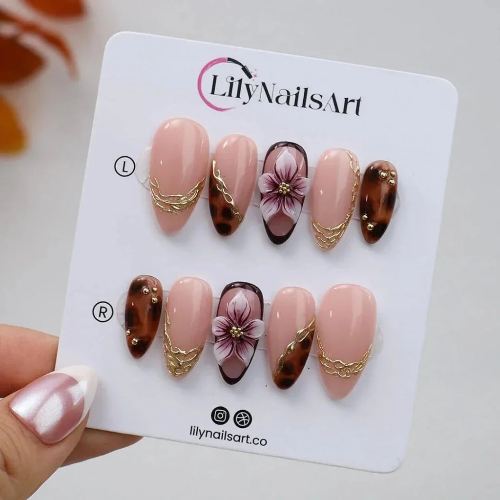 Mocha Bloom Tortoiseshell 3D Floral Nude Brown Press On Nails
