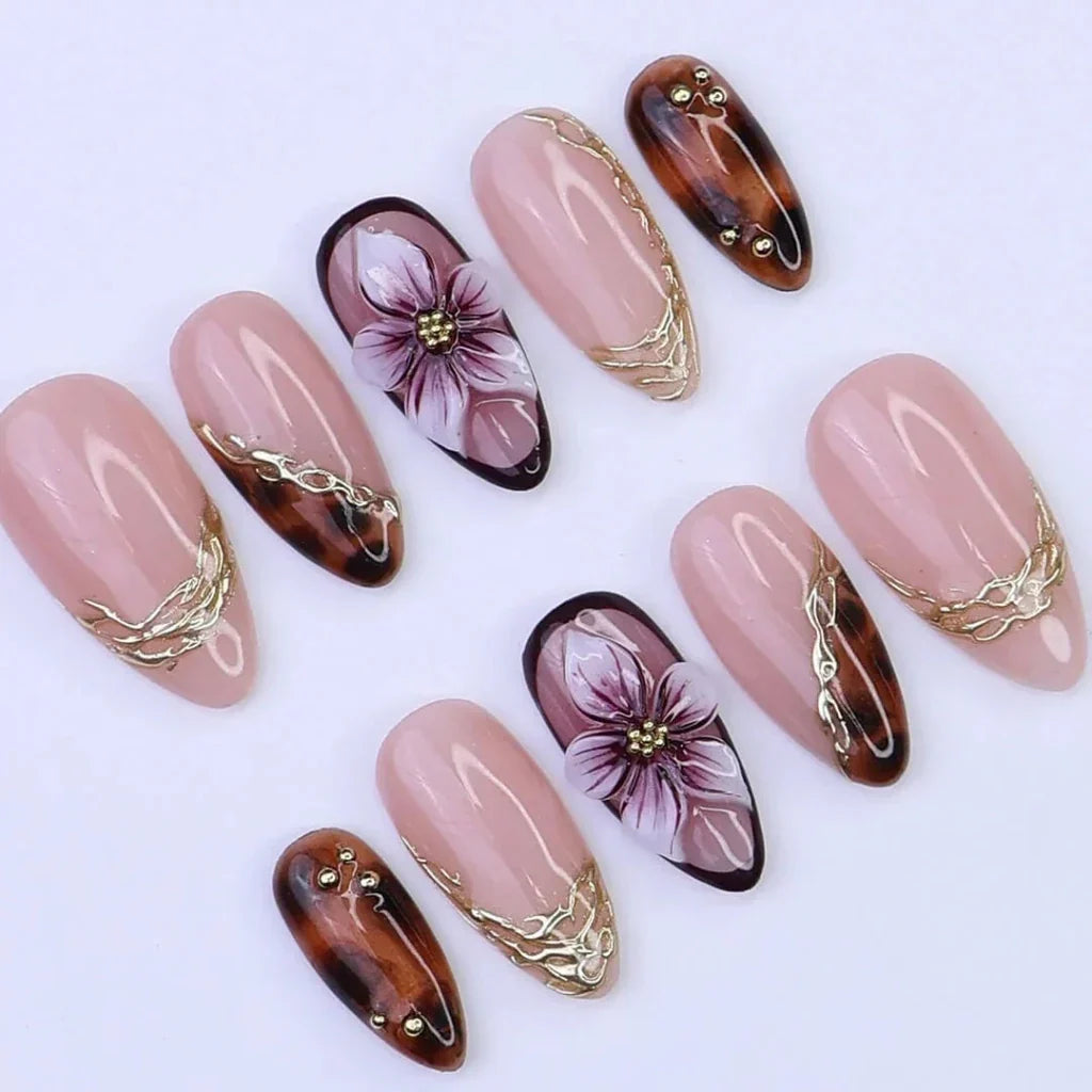Mocha Bloom Tortoiseshell 3D Floral Nude Brown Press On Nails